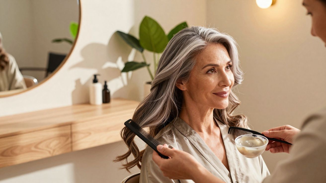 Mulher com cabelo grisalho recebendo tratamento capilar em salão de beleza acolhedor.