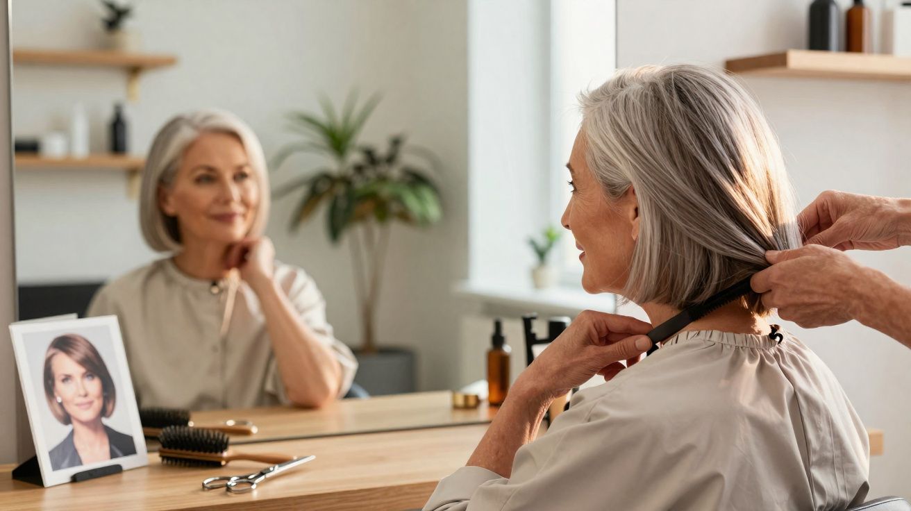 Mulher idosa com cabelo grisalho se preparando para corte de cabelo em salão, olhando no espelho.
