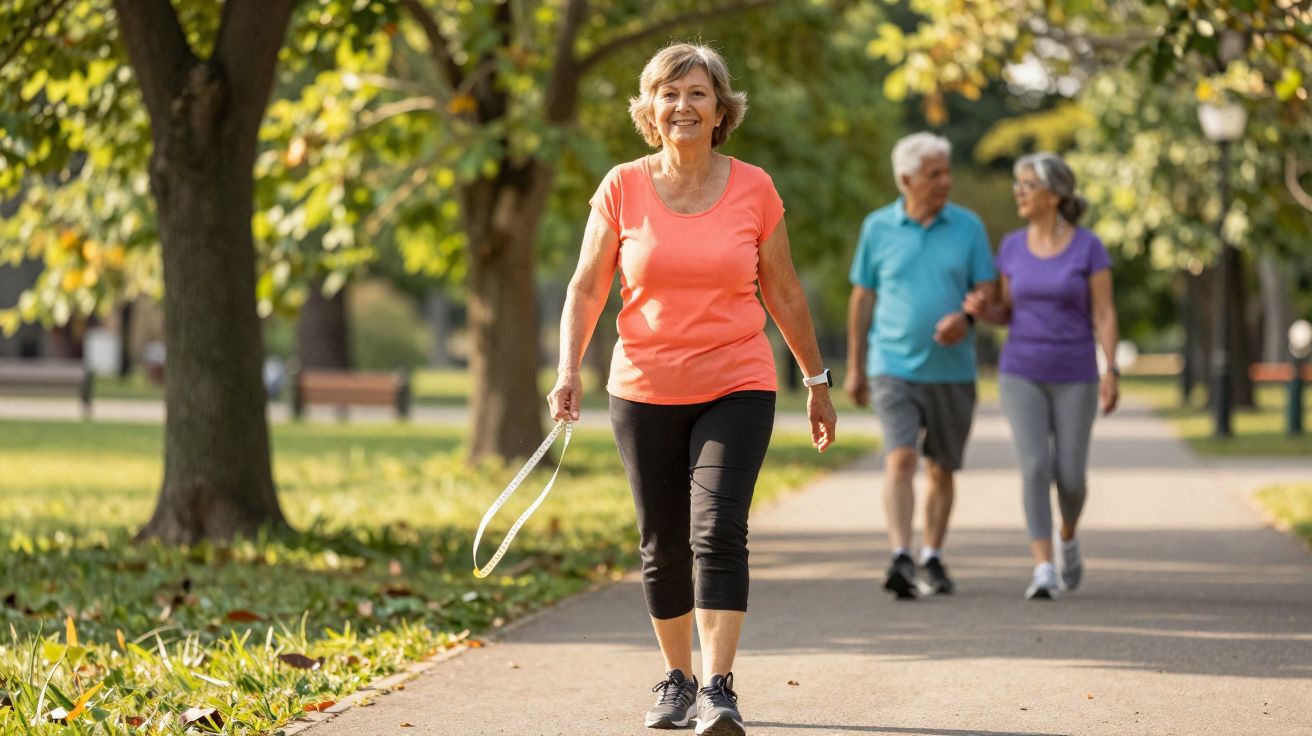 Mulher idosa caminhando em parque durante o dia com duas pessoas ao fundo conversando.