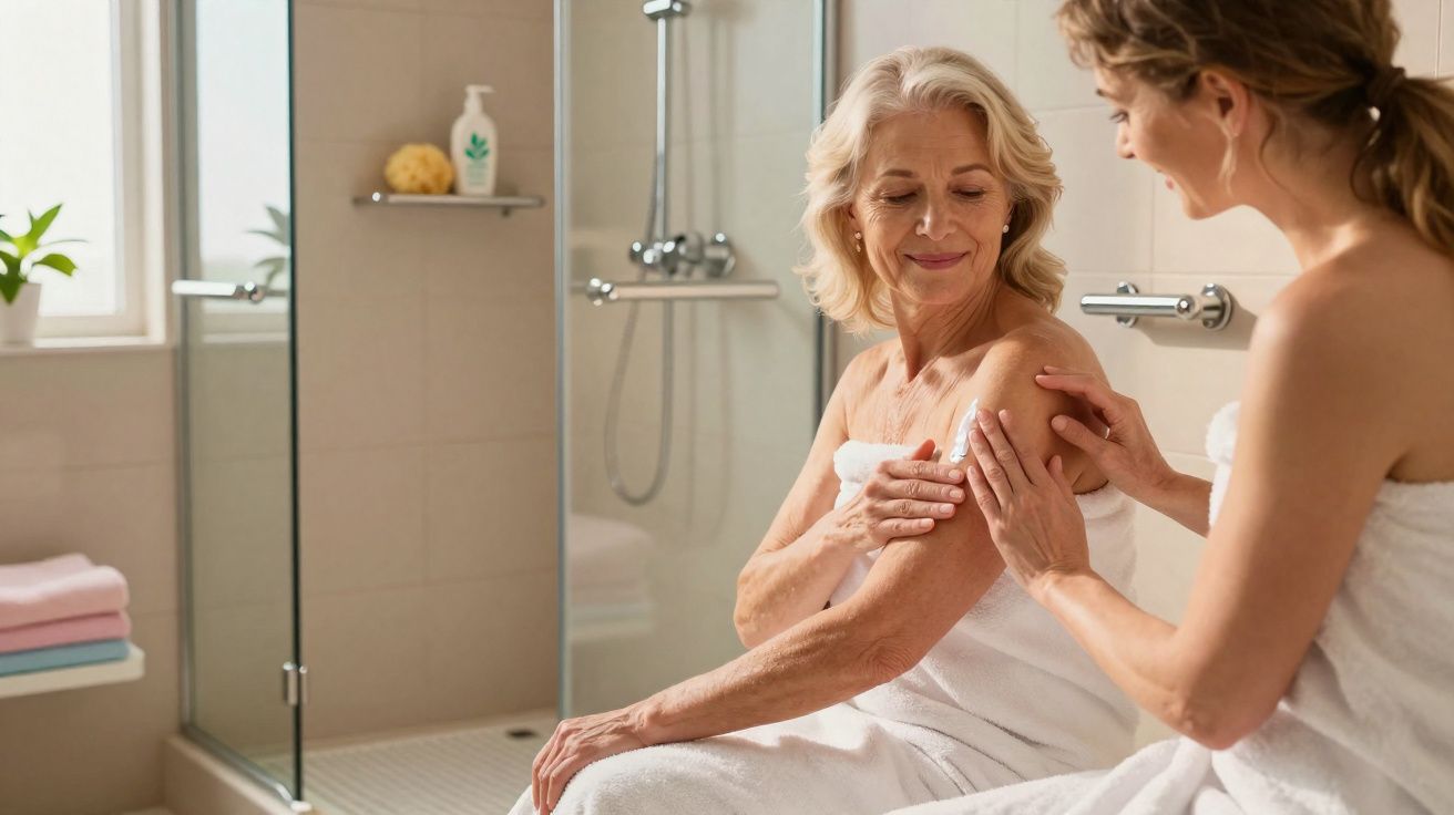 Duas mulheres, uma mais velha e outra mais jovem, aplicando creme hidratante no braço em banheiro.