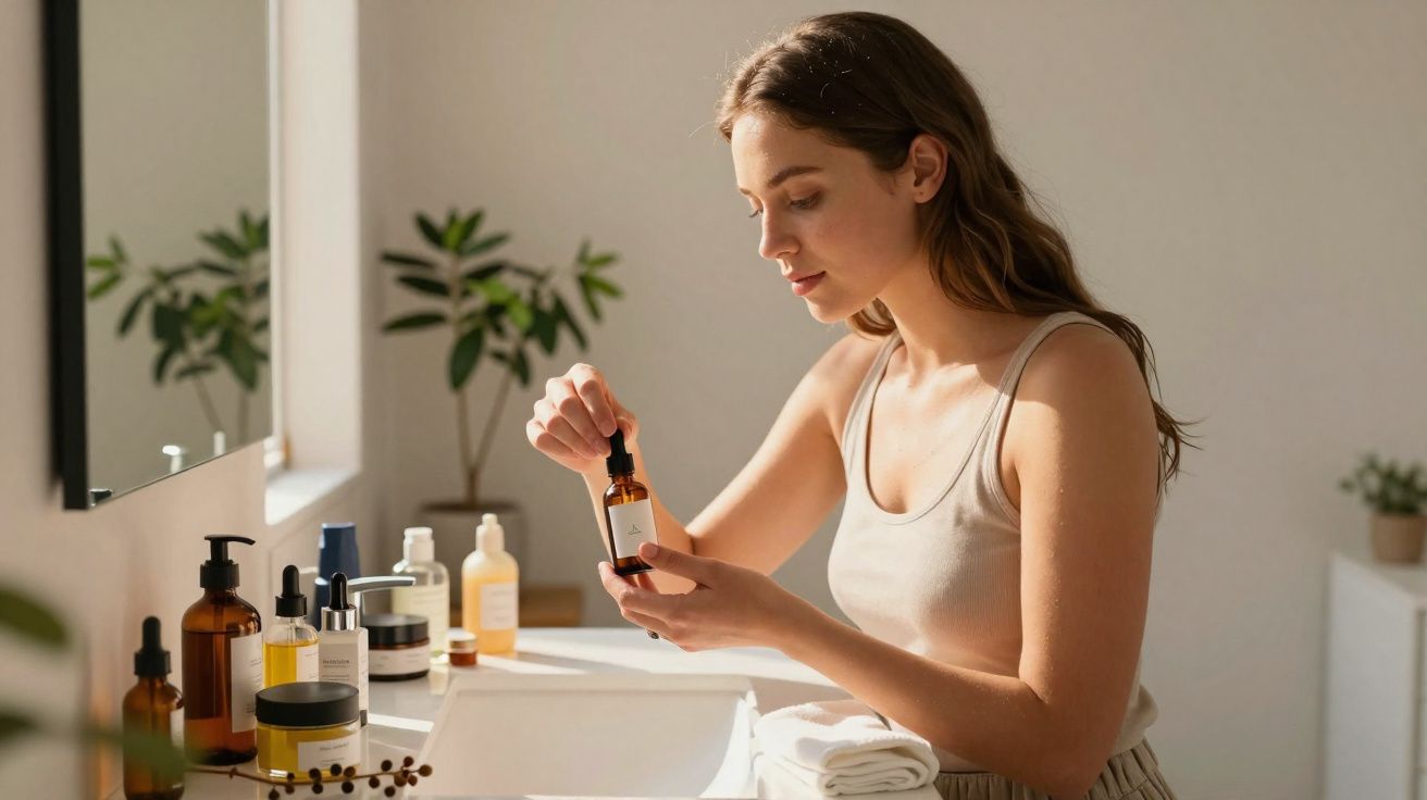 Mulher segurando frasco de cosmético em banheiro com vários produtos sobre a pia e plantas ao fundo.