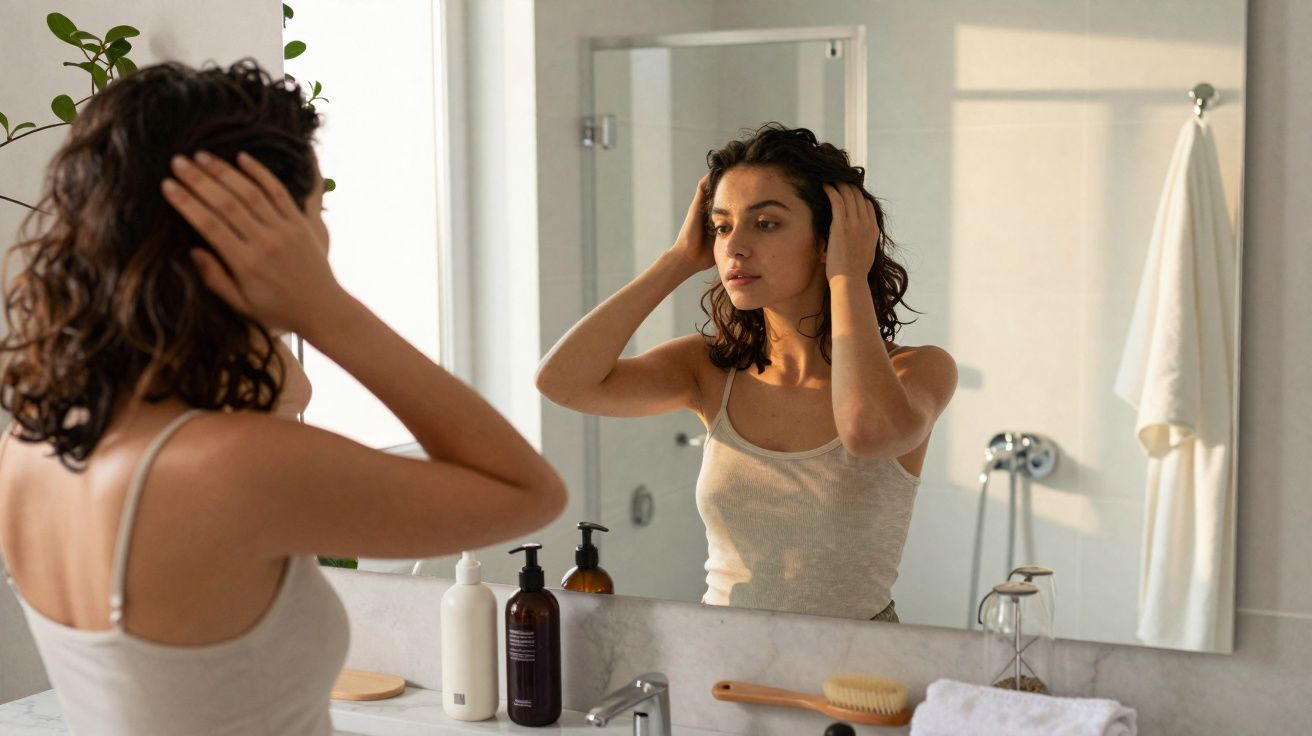 Mulher de regata branca arrumando o cabelo em frente ao espelho do banheiro, com produtos e toalha na bancada.