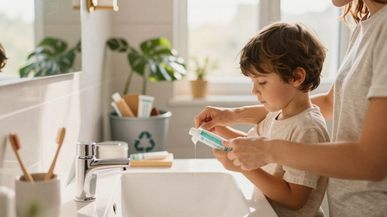 Criança e adulto juntos no banheiro, com adulto ajudando a criança a usar creme nas mãos.
