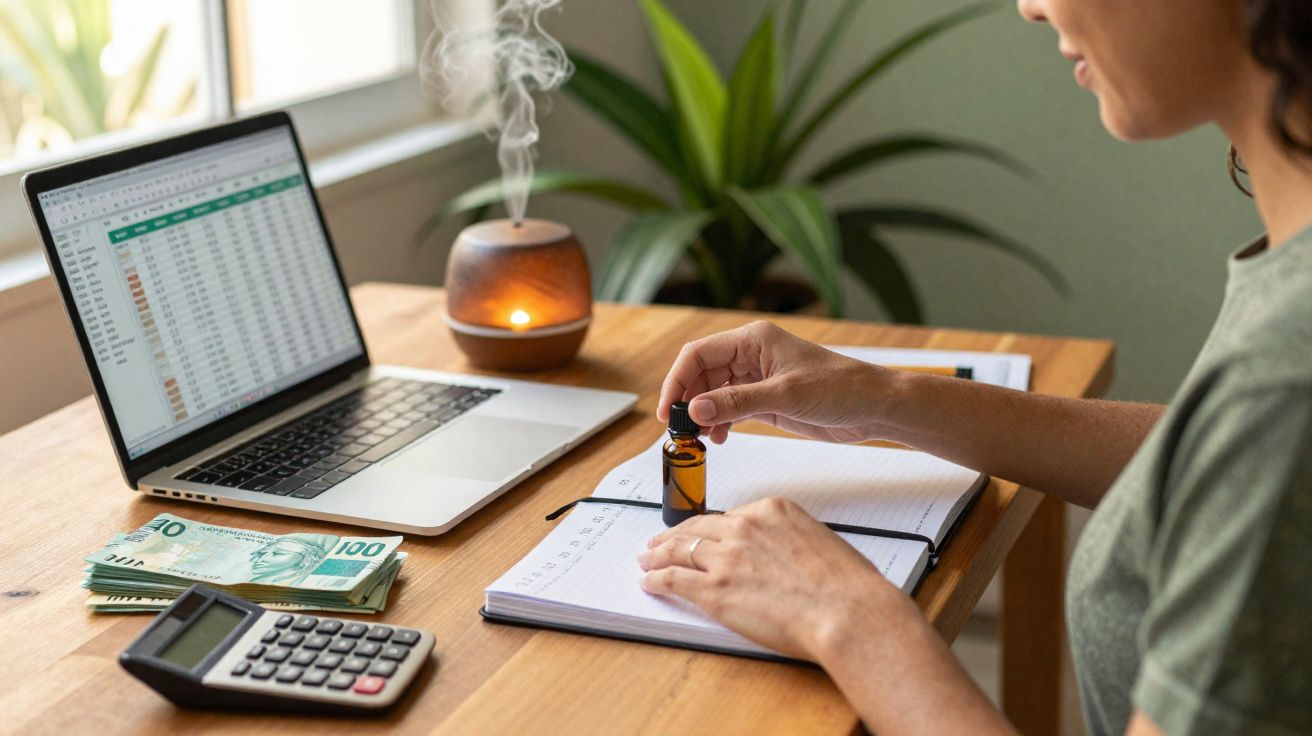 Pessoa aplicando óleo essencial em pulseira de difusor, com notebook, dinheiro e calculadora na mesa.