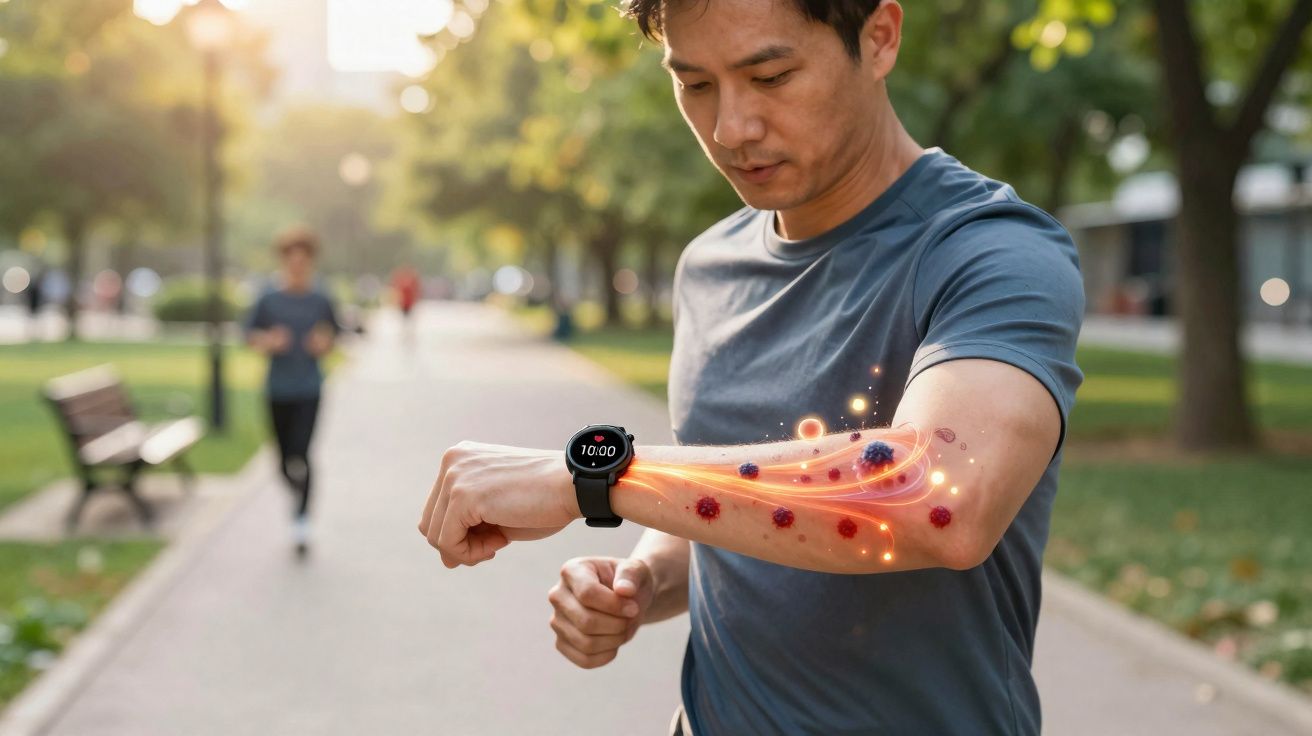 Homem olhando para relógio inteligente com ilustração de vírus no braço durante corrida ao ar livre.