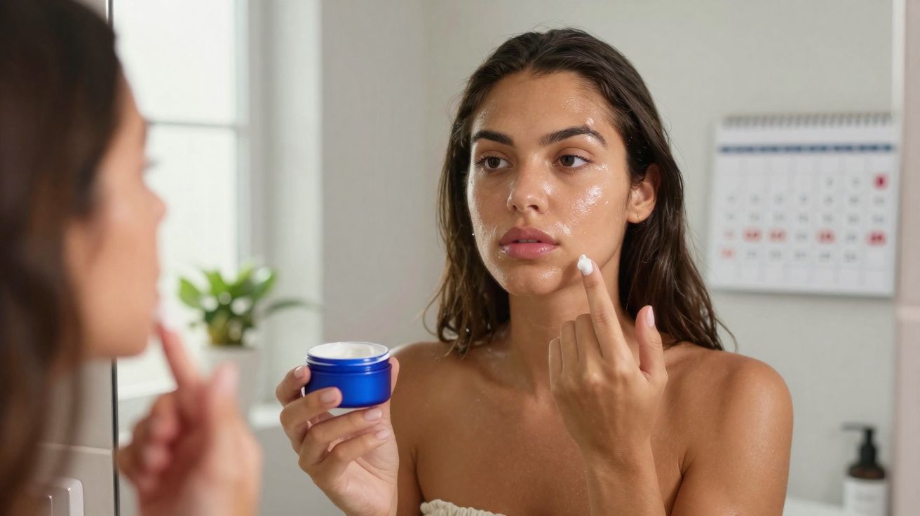 Mulher aplicando creme facial enquanto se olha no espelho em banheiro iluminado.
