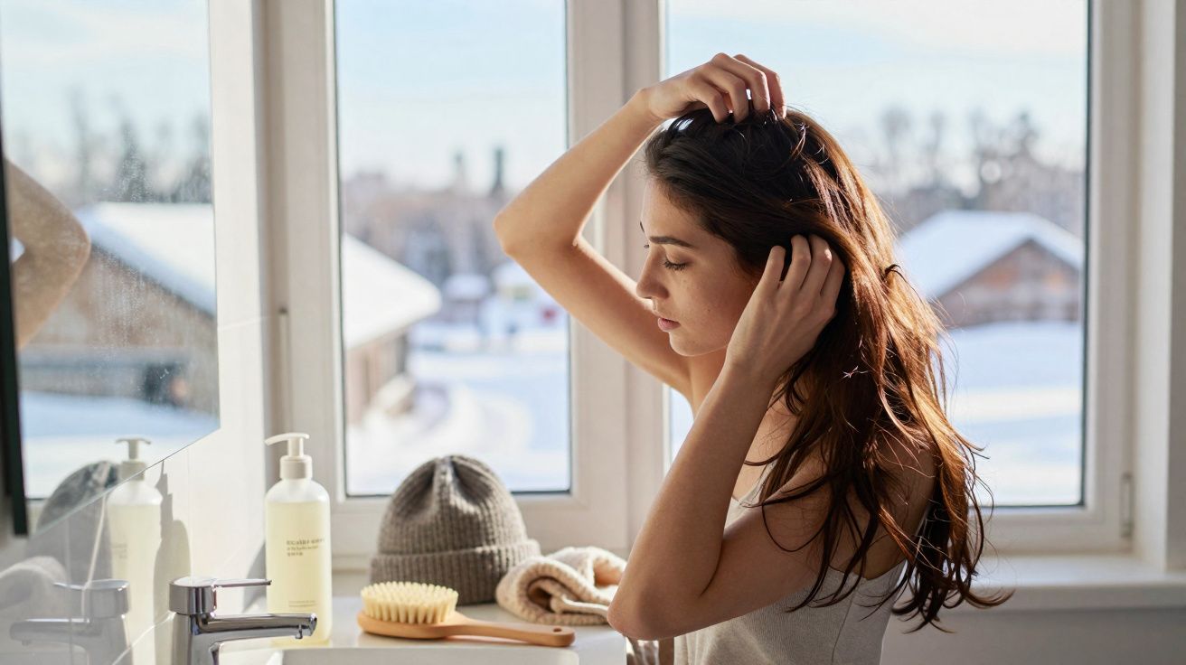 Mulher ajeitando o cabelo em um banheiro iluminado, com janela e itens de higiene ao fundo.
