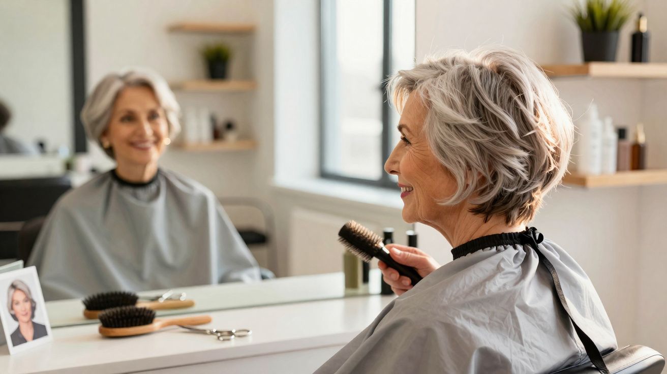 Mulher idosa sorridente em salão de beleza segurando escova e olhando para espelho.