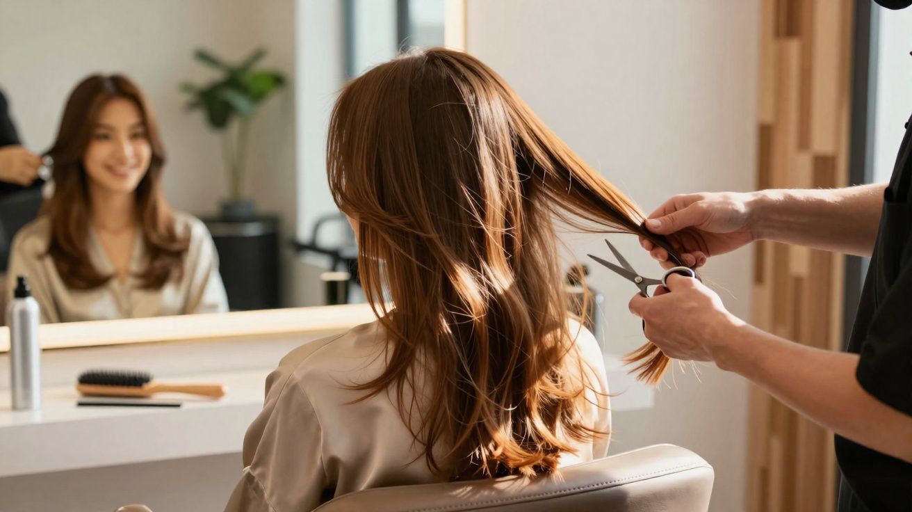 Mulher sorrindo sentada em cadeira enquanto cabeleireiro corta seu cabelo longo em salão.