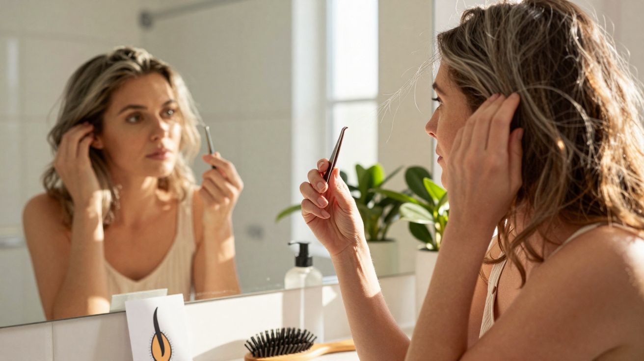 Mulher olhando no espelho enquanto remove um pelo com uma pinça no banheiro iluminado.