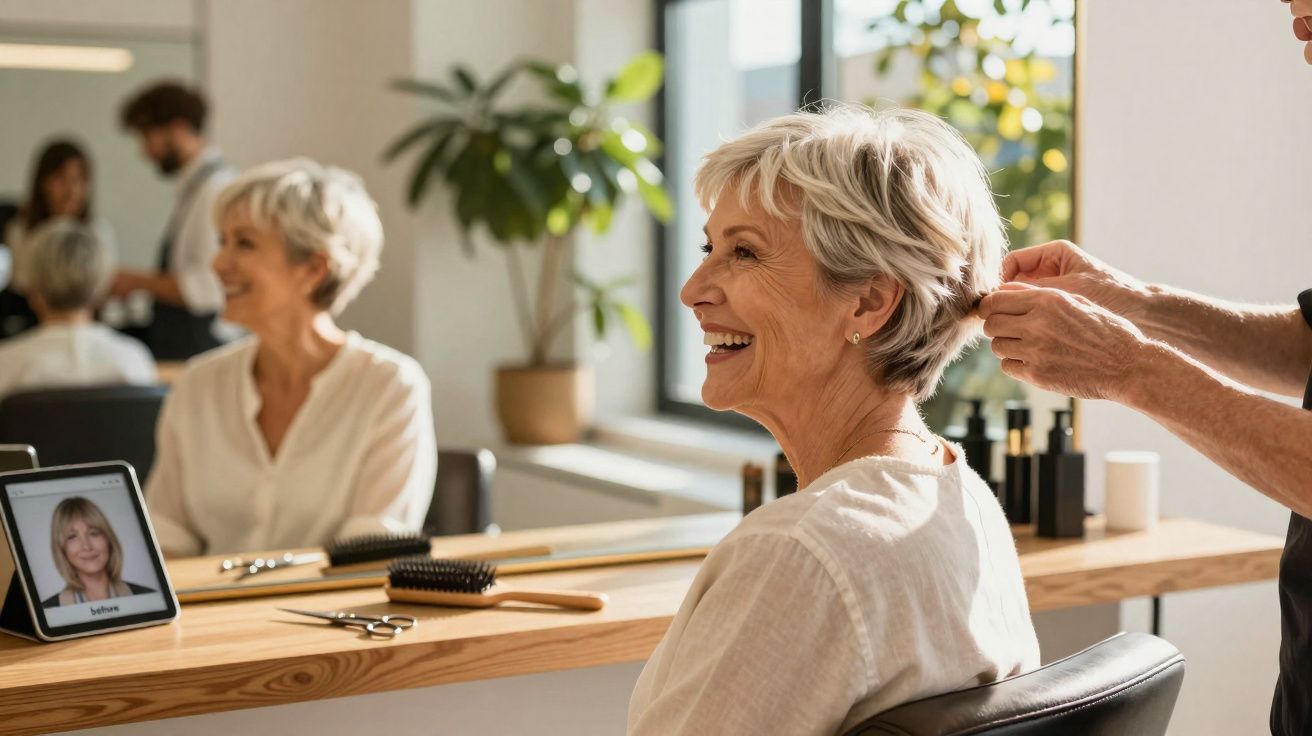 Mulher idosa sorridente recebendo corte de cabelo em salão moderno com espelho e tablet exibindo foto.
