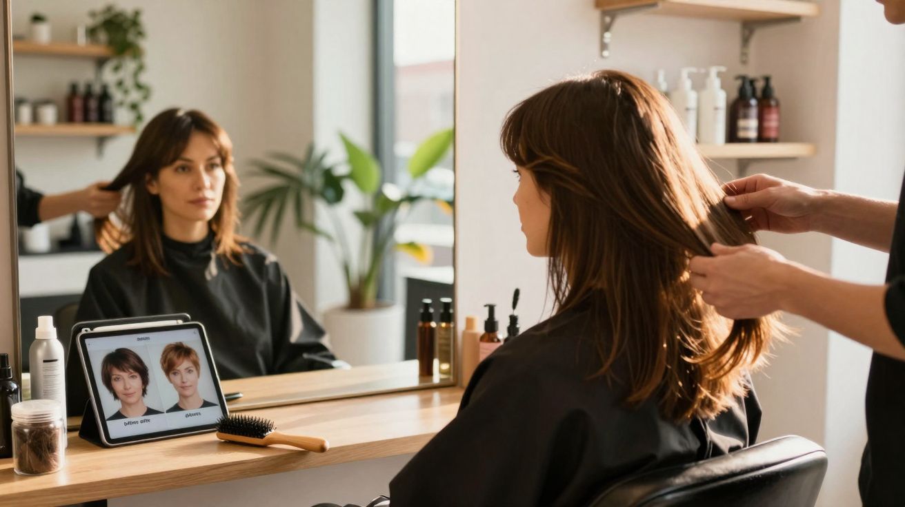 Mulher sentada em salão de beleza, consultando estilos de cabelo em tablet enquanto cabeleireiro ajeita seus fios.