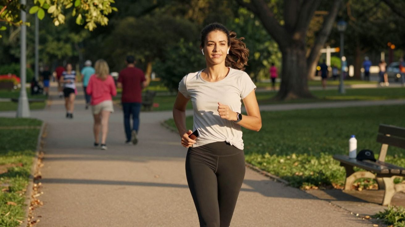 Mulher correndo em parque ao ar livre em dia ensolarado com outras pessoas ao fundo.