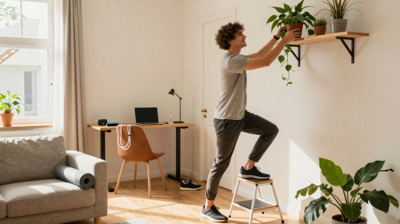 Homem colocando vaso de planta em prateleira em sala de estar com decoração minimalista.