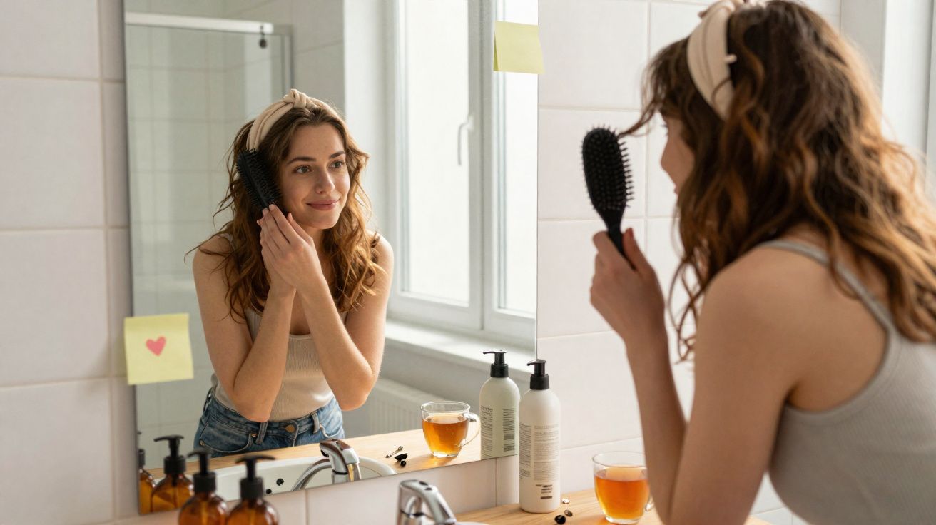 Mulher com faixa no cabelo penteando-se diante do espelho no banheiro iluminado pela luz natural.