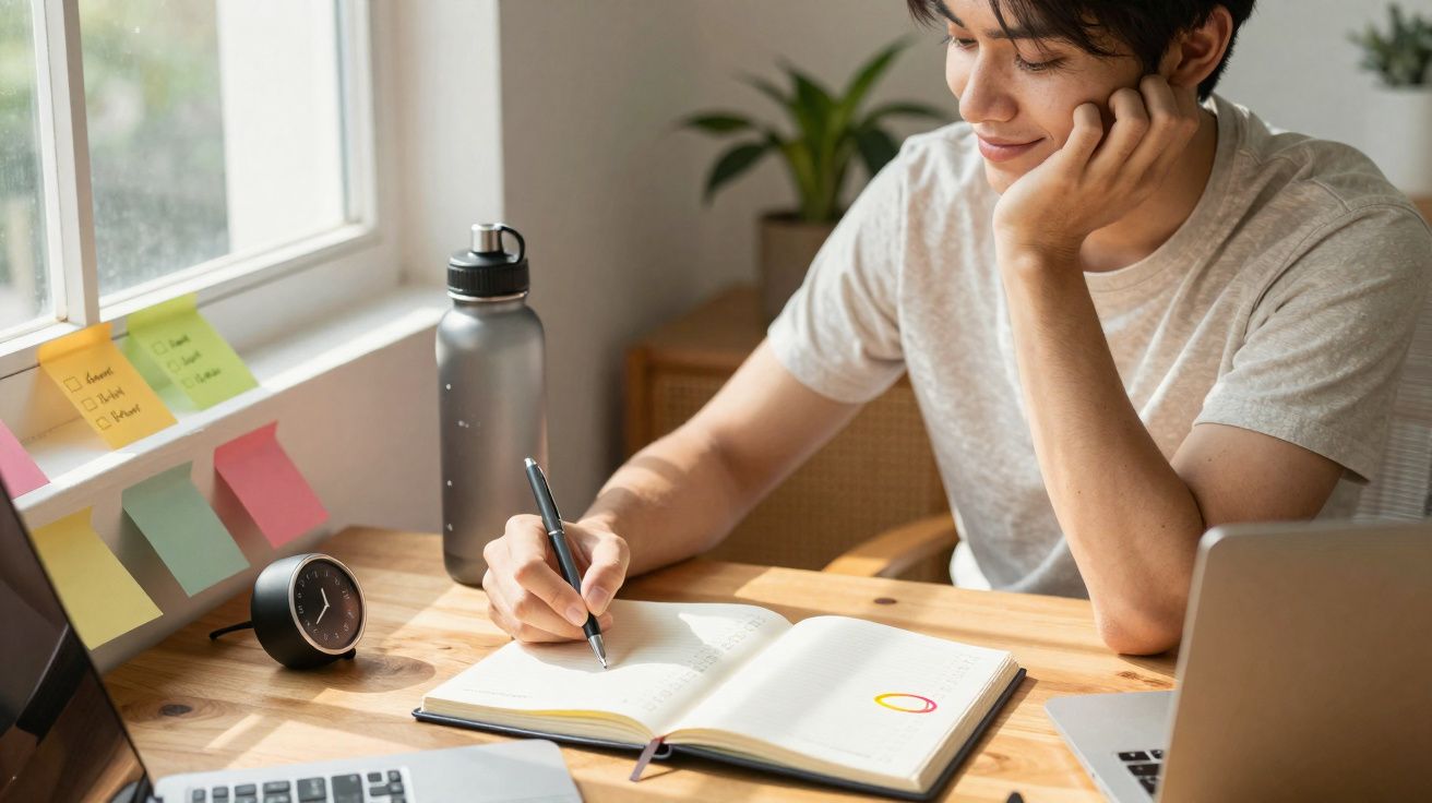 Pessoa escrevendo em caderno aberto em mesa com relógio, garrafa e laptop perto de janela.