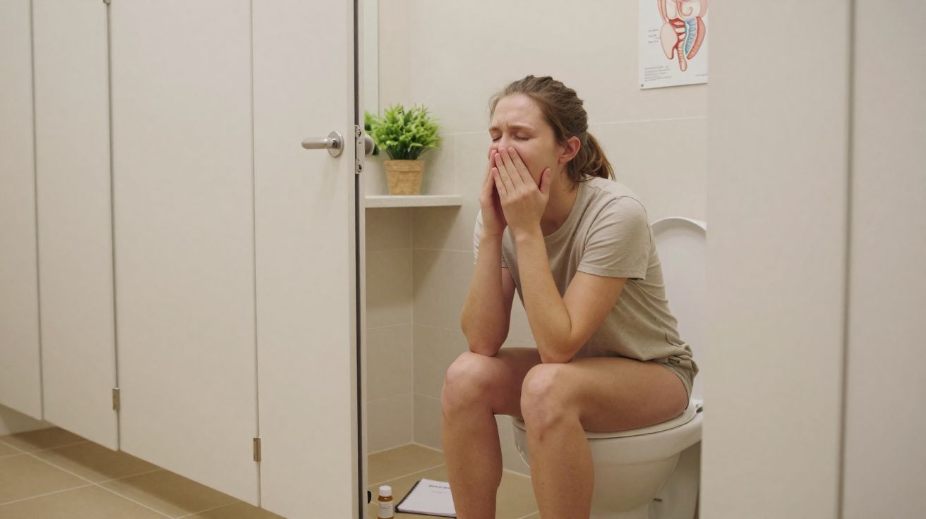 Mulher sentada no vaso sanitário com expressão de desconforto em banheiro limpo e claro.