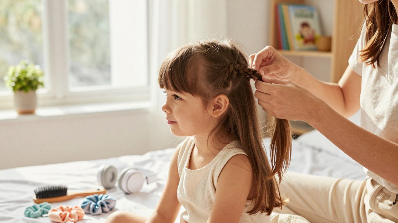 Criança sentada sorrindo enquanto um adulto faz trança no cabelo dela em quarto iluminado.