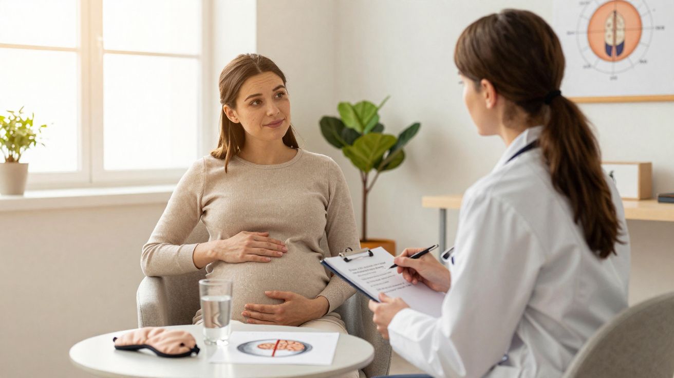 Gestante conversando com médica durante consulta em ambiente claro e acolhedor.
