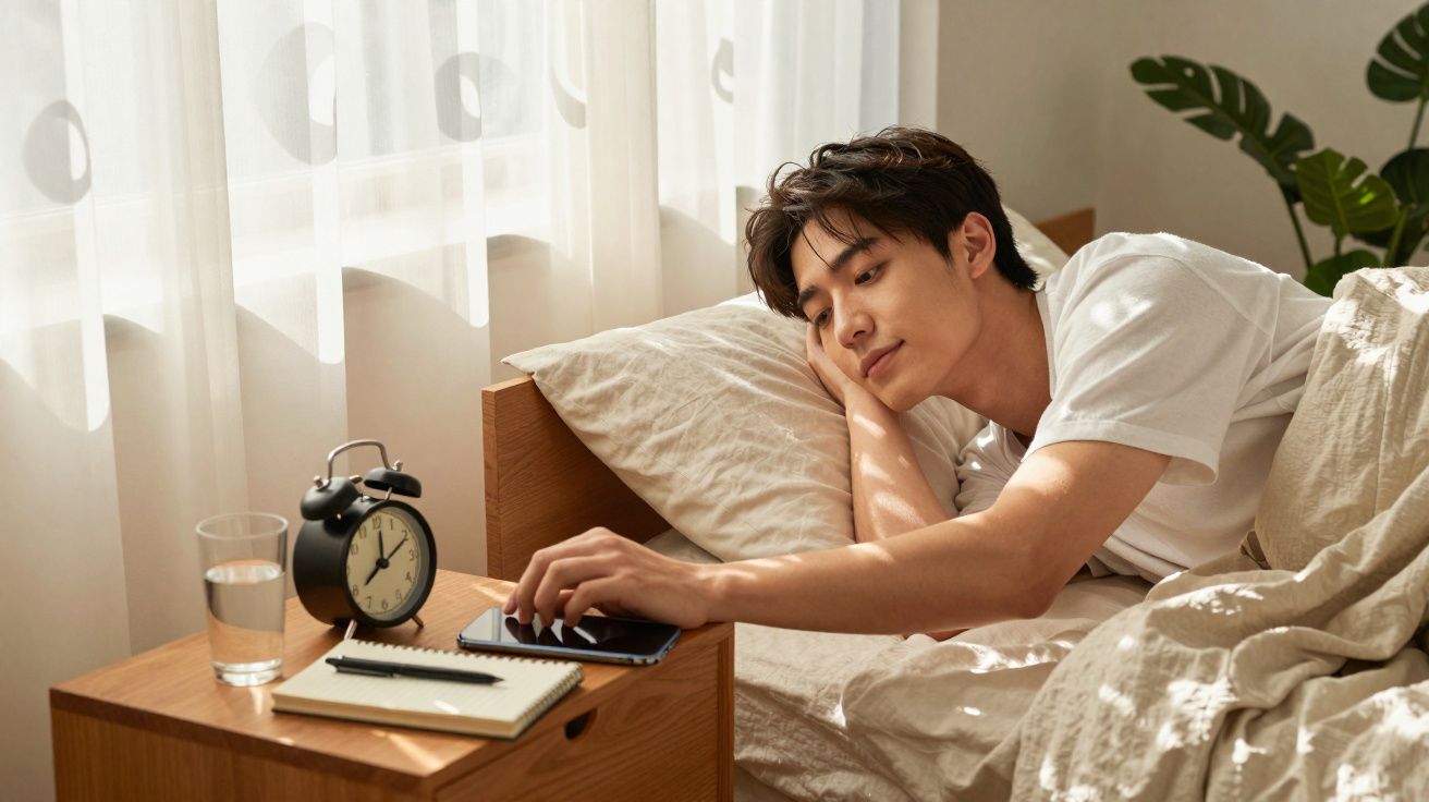 Homem acordando de manhã na cama, desligando o despertador no criado-mudo com celular, caderno e copo d'água.