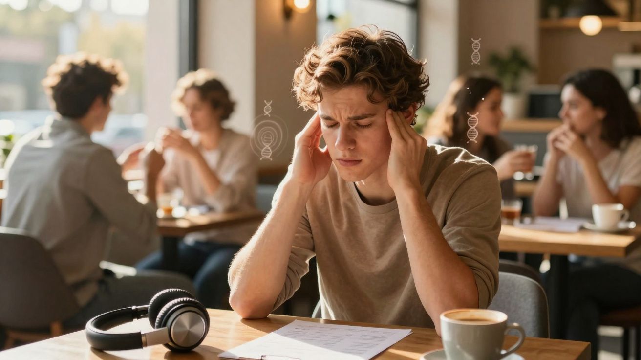 Jovem branco com expressão de dor segurando a cabeça, sentado em café com pessoas conversando ao fundo.