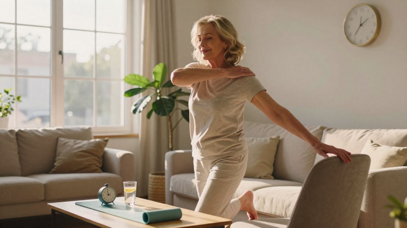 Mulher madura fazendo alongamento com cadeira em sala iluminada pela luz do sol.