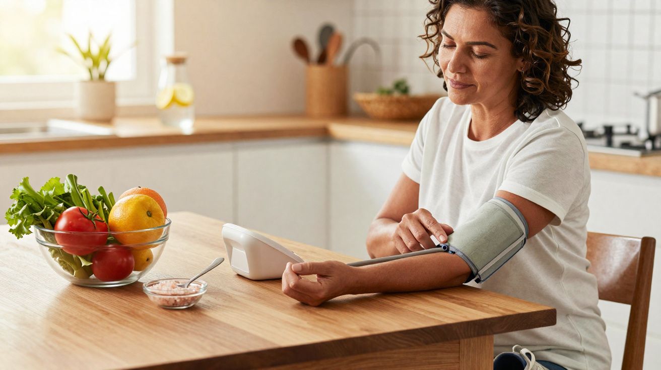 Mulher sentada na cozinha medindo pressão arterial com aparelho digital, frutas na mesa à frente.