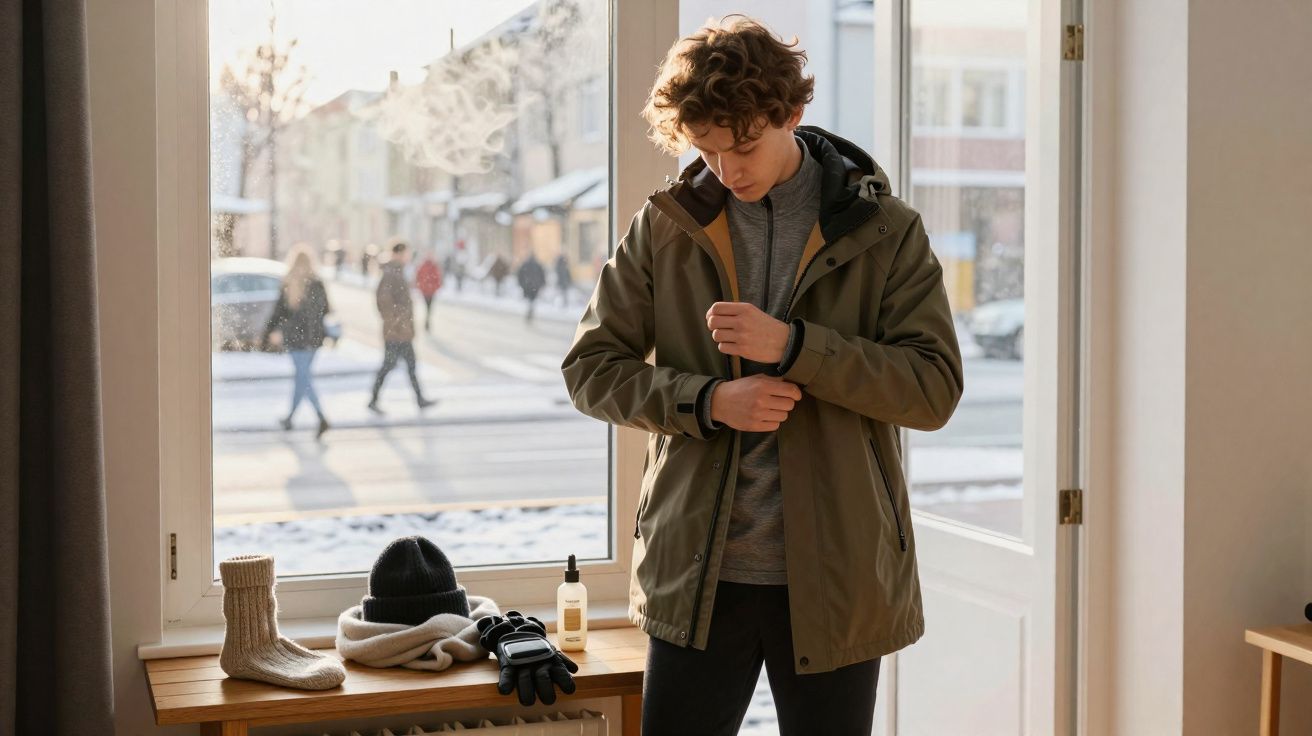 Jovem vestindo jaqueta em ambiente interno com roupas de inverno sobre banco à sua frente.