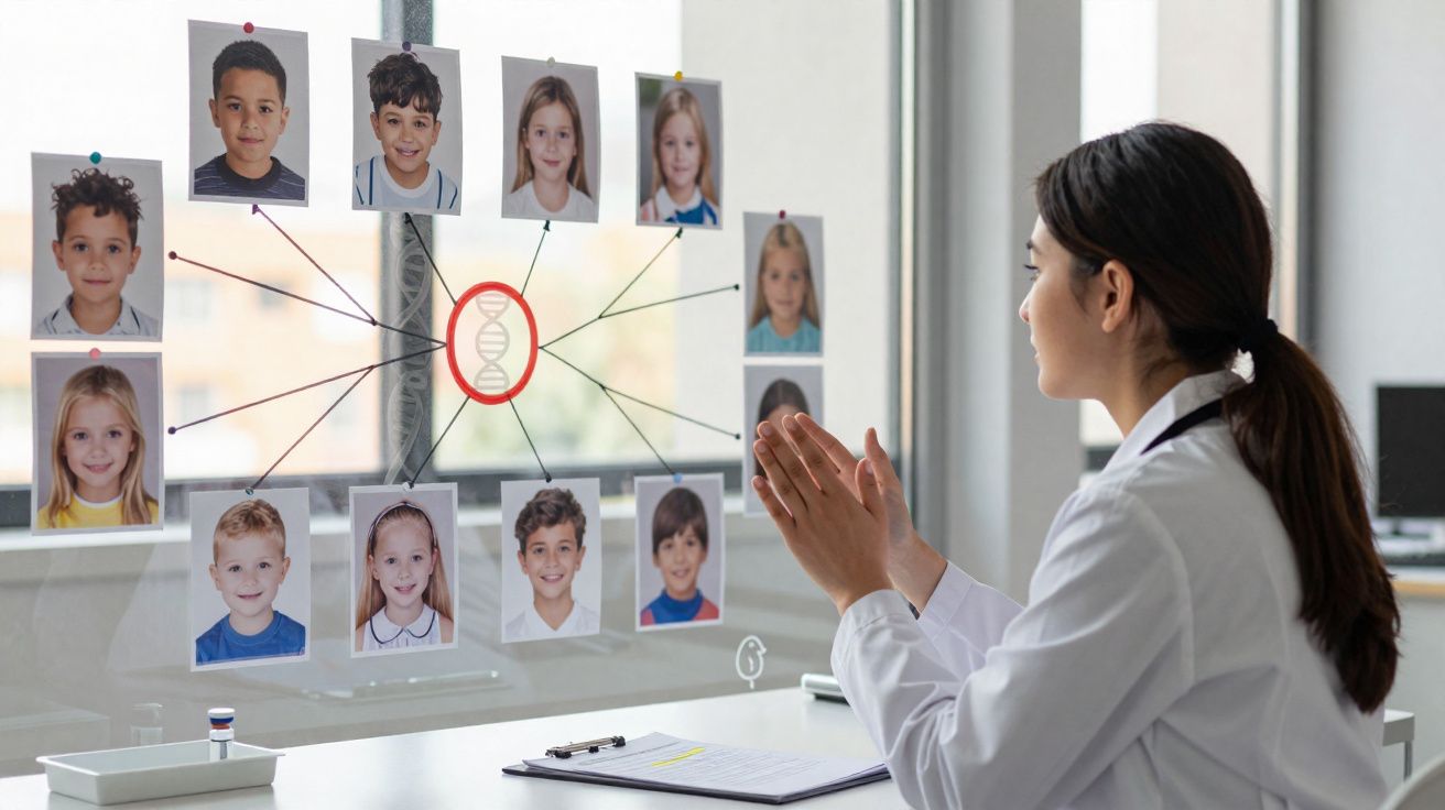 Pesquisadora observa fotos de crianças conectadas a um desenho de DNA em vidro transparente.