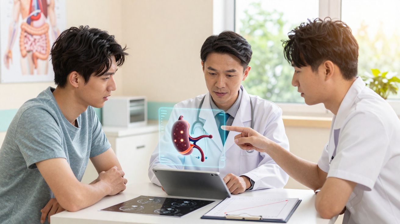 Paciente consulta dois médicos que analisam imagem holográfica de um órgão renal em tablet no consultório.