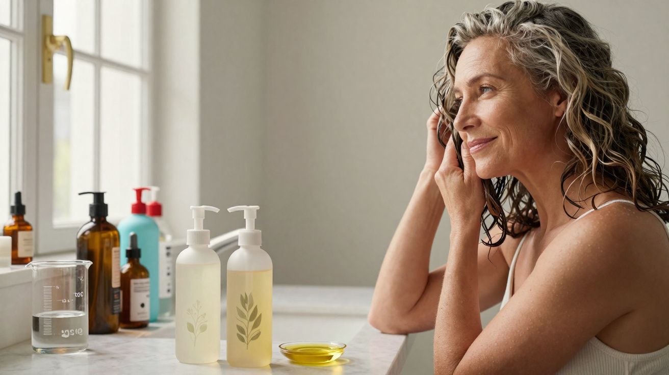 Mulher sorridente olhando pela janela, apoiada em bancada com frascos de produtos de cuidado pessoal.