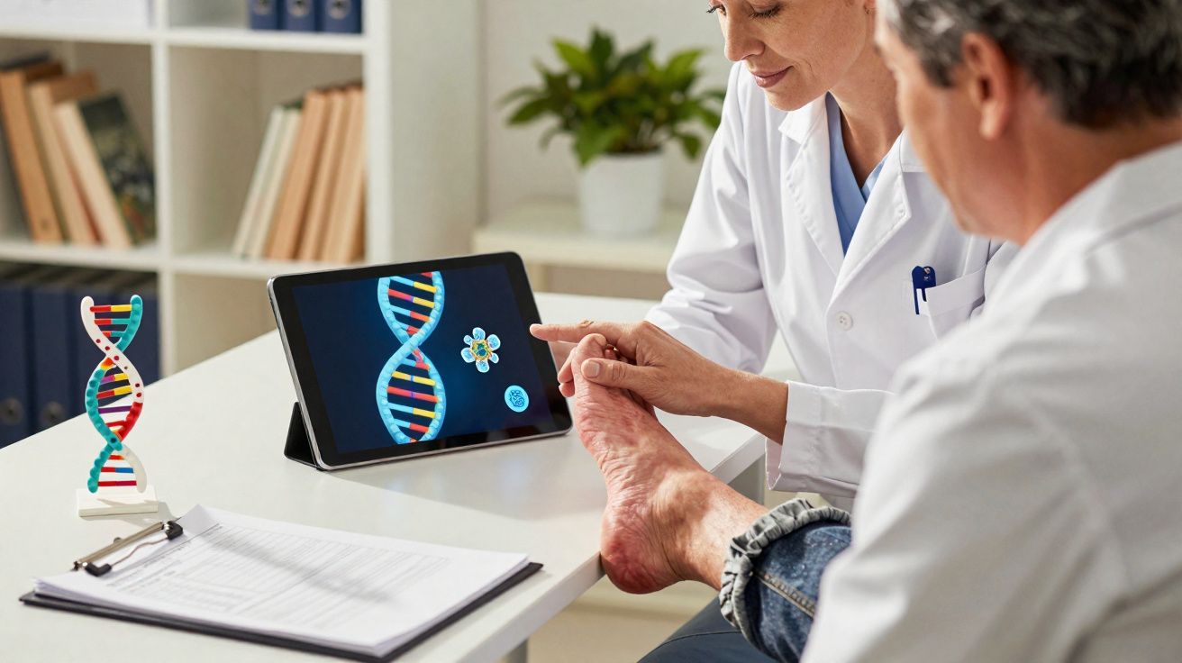 Médicos analisam imagens de DNA na tela de tablet enquanto examinando o pé de paciente em consultório.