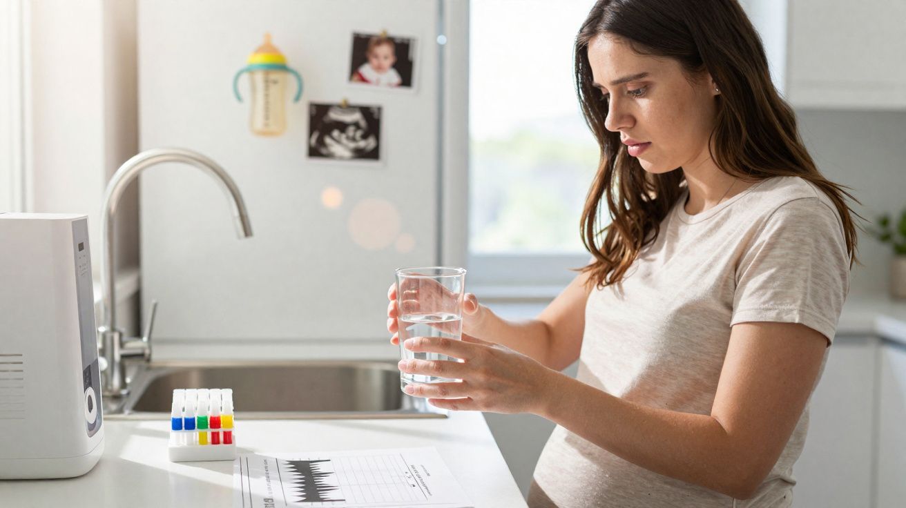 Mulher grávida na cozinha segurando um copo de água, com teste de gravidez e ultrassom na bancada.