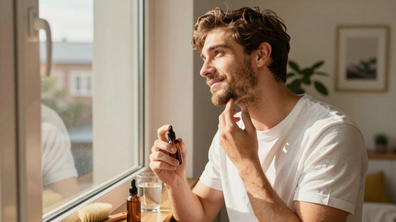 Homem aplicando óleo para barba enquanto olha pela janela em ambiente iluminado.