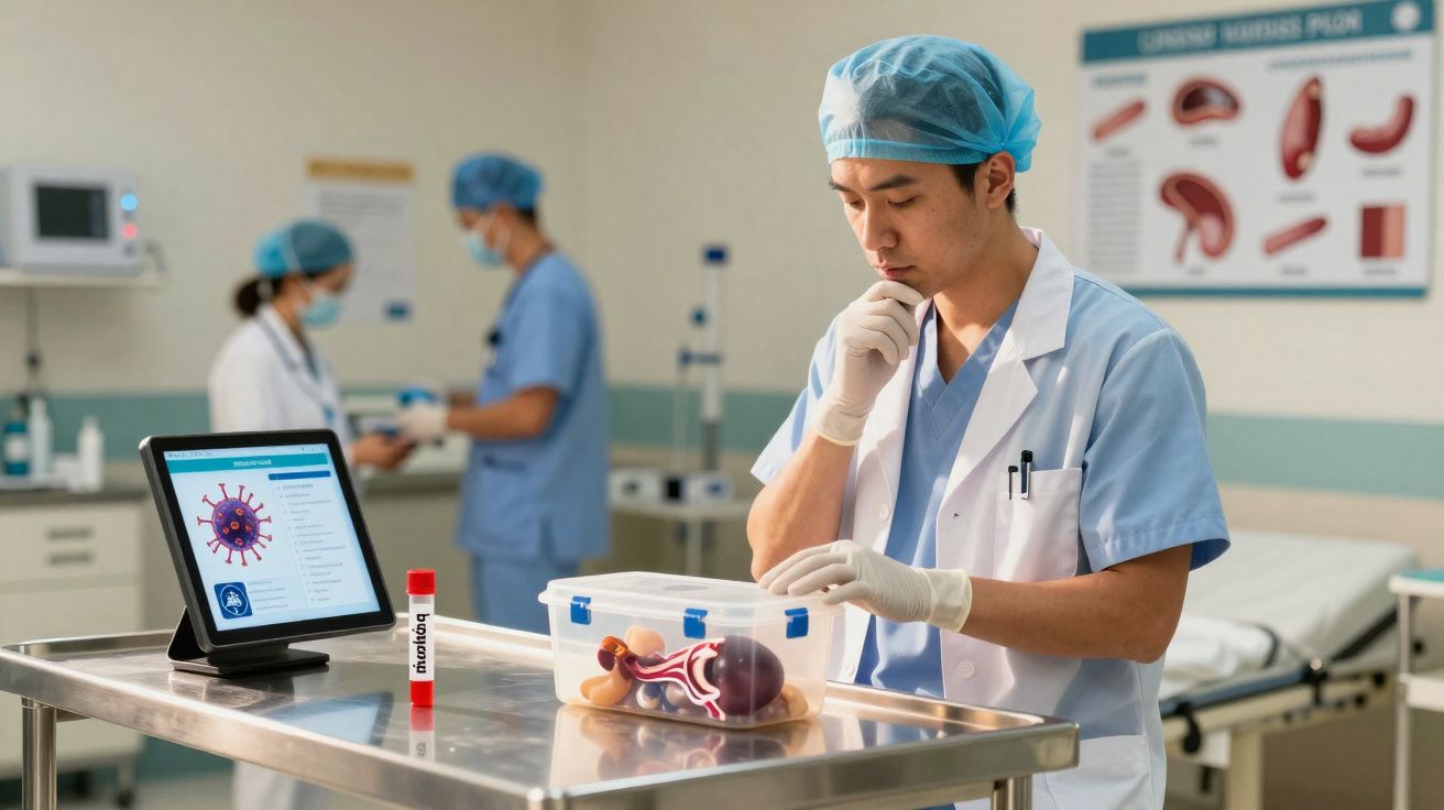 Médico em laboratório com modelo anatômico do sistema urinário e tela mostrando imagem de vírus.