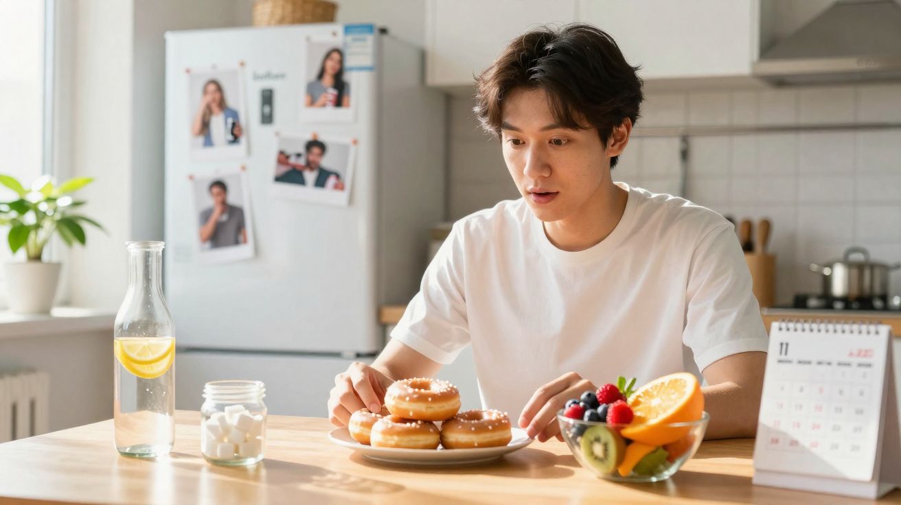 Jovem sentado à mesa na cozinha olhando donuts, com frutas, açúcar e jarra com água e limão.