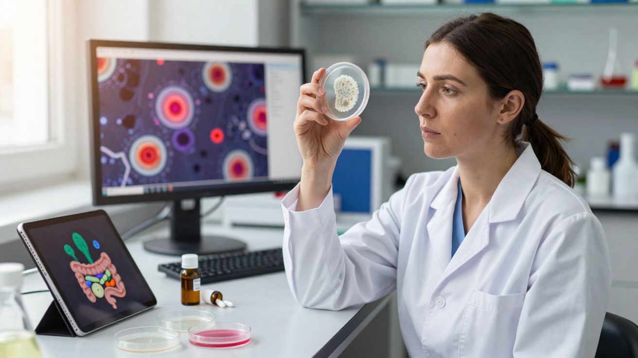 Pesquisadora analisando cultura de fungos em placa de petri em laboratório moderno com telas digitais.