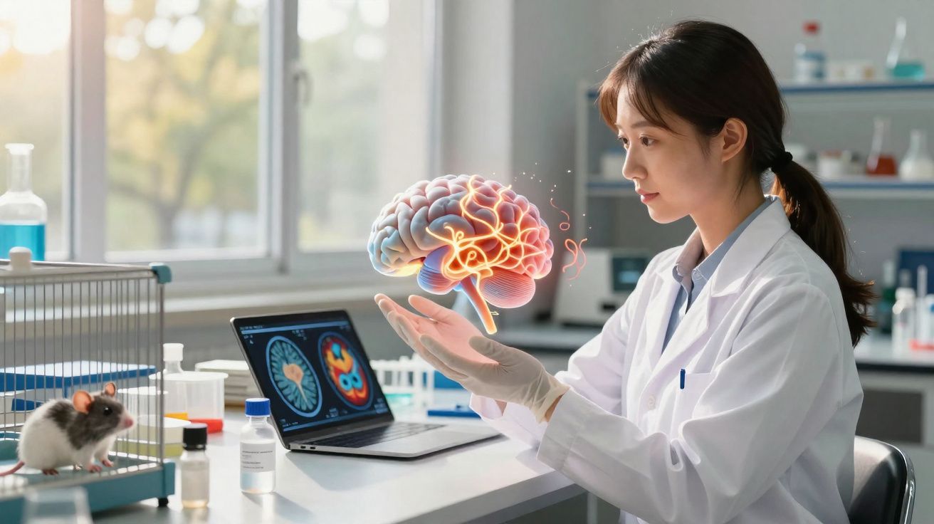 Cientista em laboratório com holograma cerebral flutuante e laptop mostrando exames de cérebro.