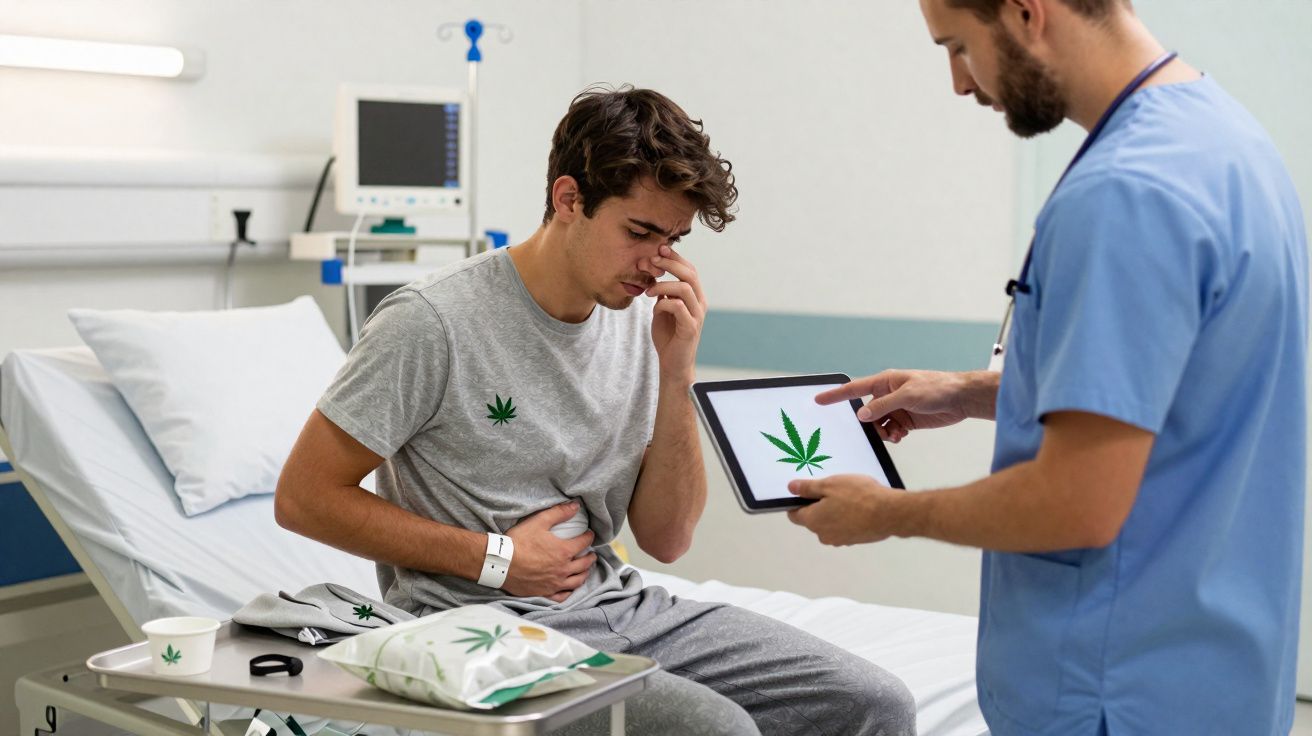 Paciente sentado na cama do hospital com dor, médico mostrando imagem de folha de maconha em tablet.