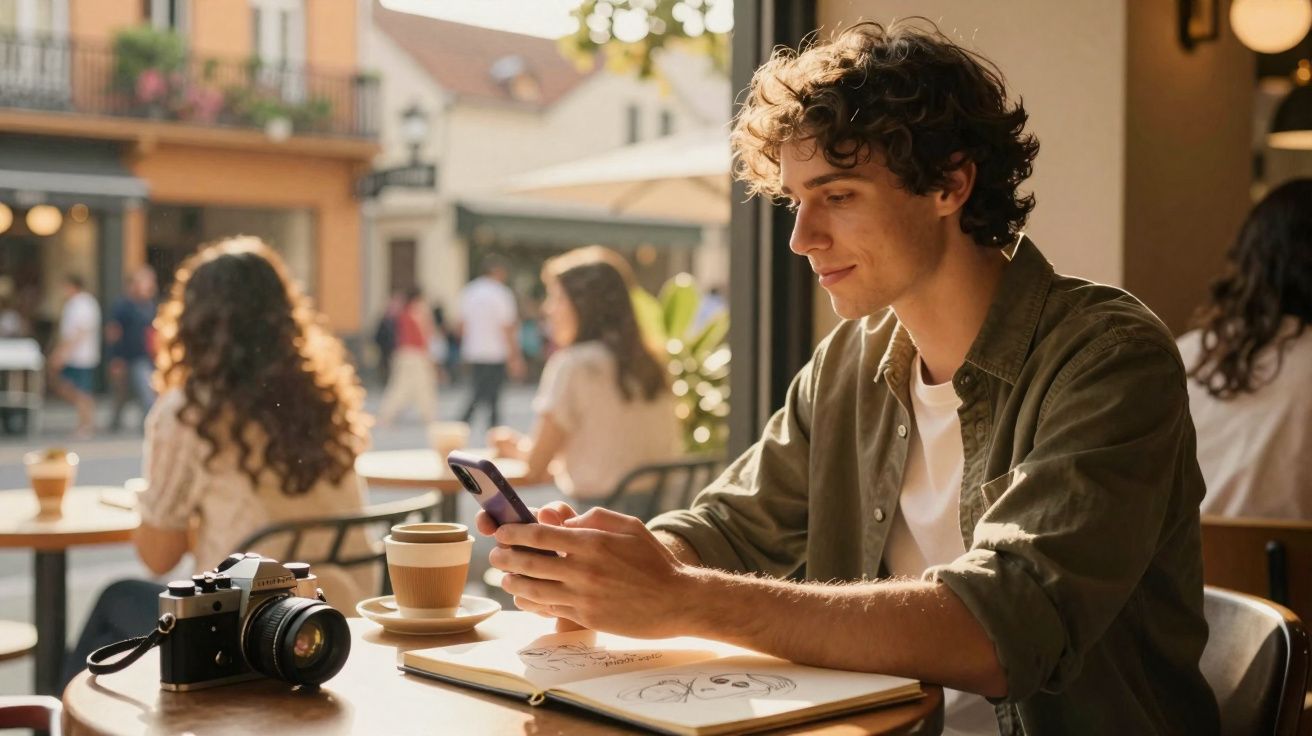 Jovem sentado em cafeteria, usando celular, com câmera e caderno de desenhos na mesa.