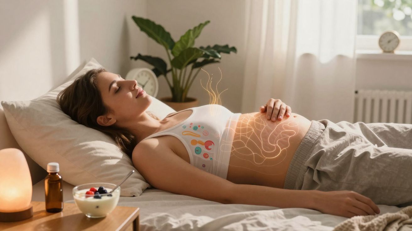 Mulher deitada com mão na barriga mostrando sistema digestivo iluminado em ambiente tranquilo.