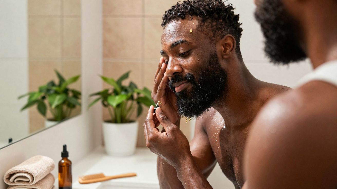 Homem aplicando serum facial na pele diante do espelho no banheiro com plantas ao fundo.