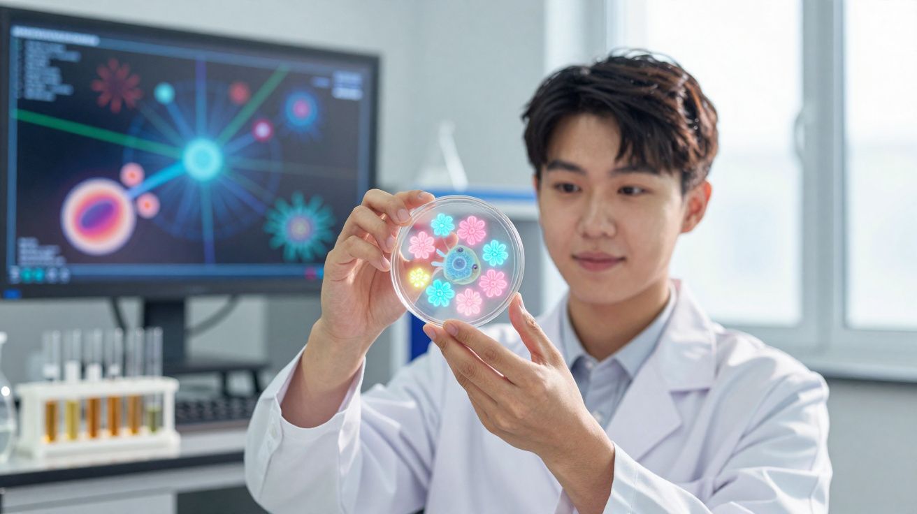 Cientista observa placa de Petri com flores coloridas em laboratório moderno com computador ao fundo.