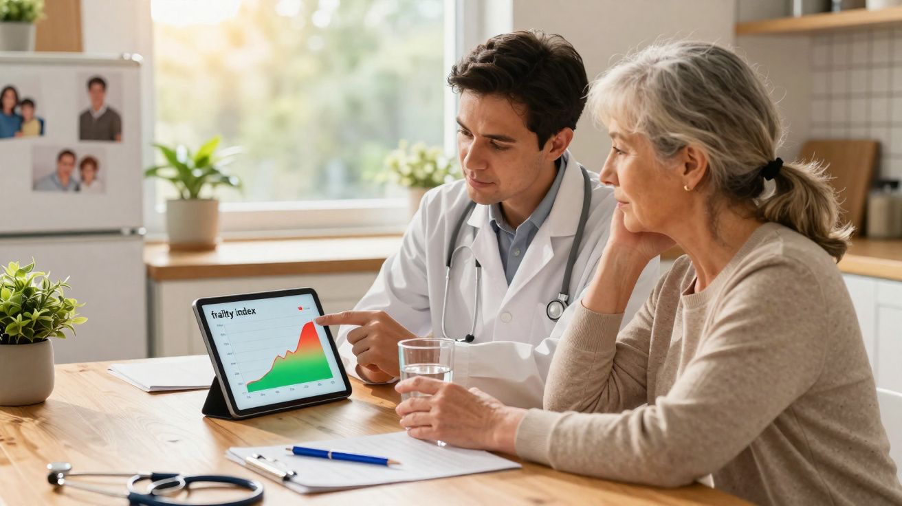 Médico consulta paciente idosa, mostrando gráfico de índice de saúde em tablet durante atendimento.