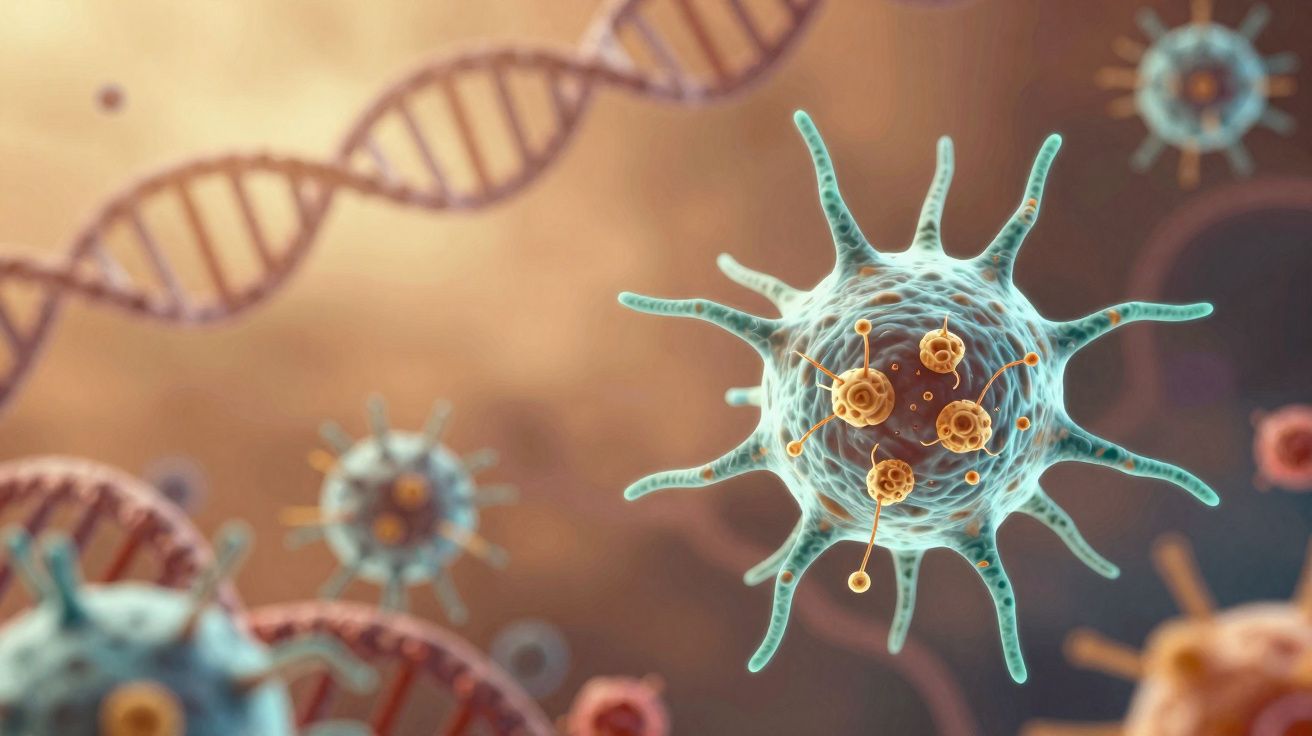 Ilustração 3D de vírus e moléculas de DNA em fundo desfocado com tons marrom e azul.