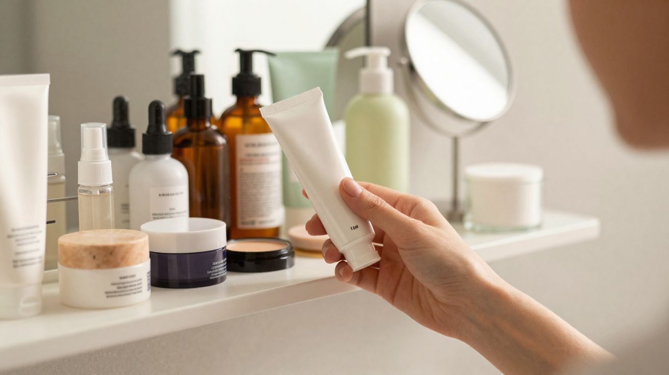 Mão segurando tubo branco de cosmético com prateleira de produtos de beleza e espelho ao fundo.