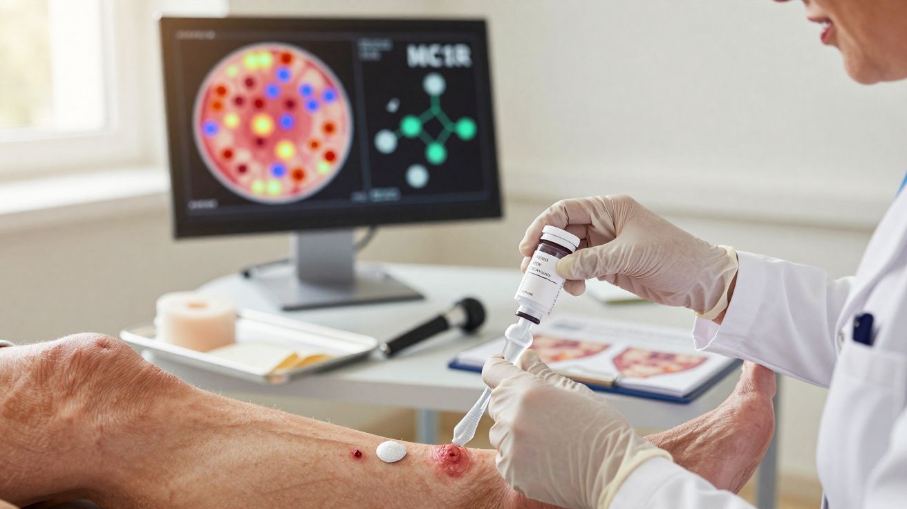 Médico aplicando tratamento tópico em ferida aberta na perna de paciente em consultório com tela ao fundo.