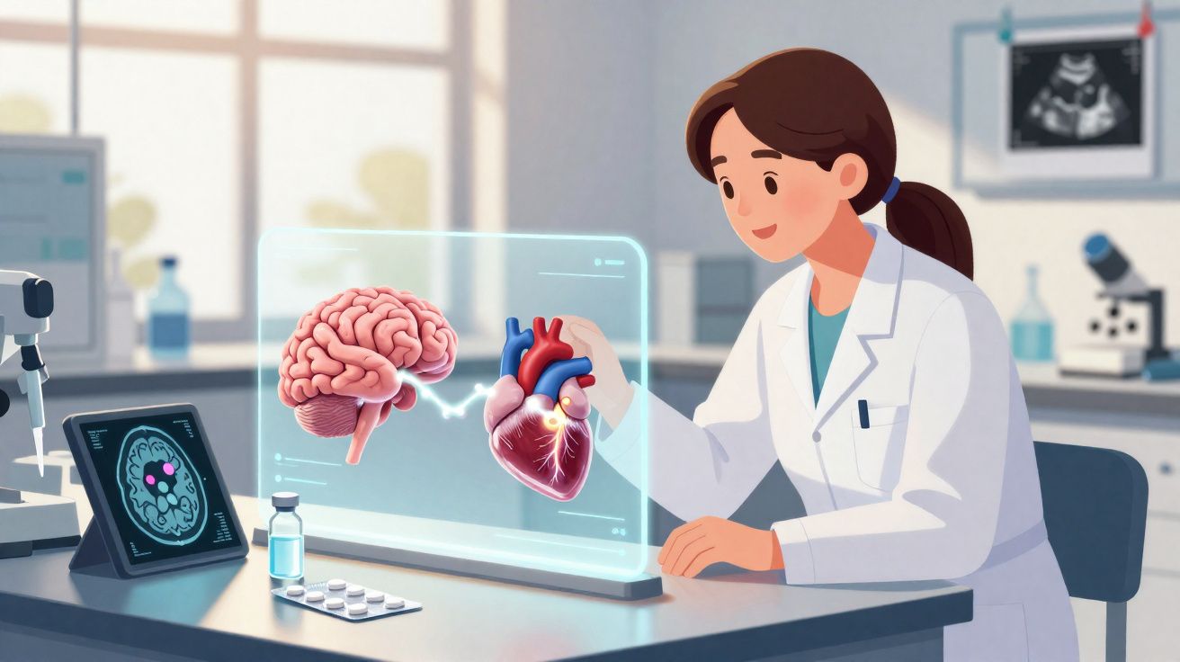 Mulher cientista de jaleco branco estudando imagens holográficas do cérebro e coração em laboratório.