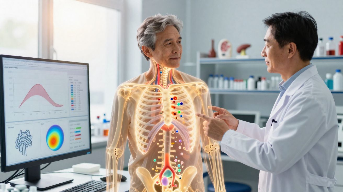 Médico explica exame digital do esqueleto e órgãos internos de paciente em clínica moderna.