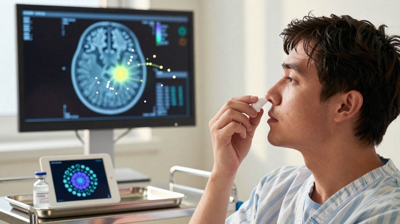 Homem usando spray nasal, com imagem de cérebro e dados médicos em telas ao fundo no ambiente clínico.